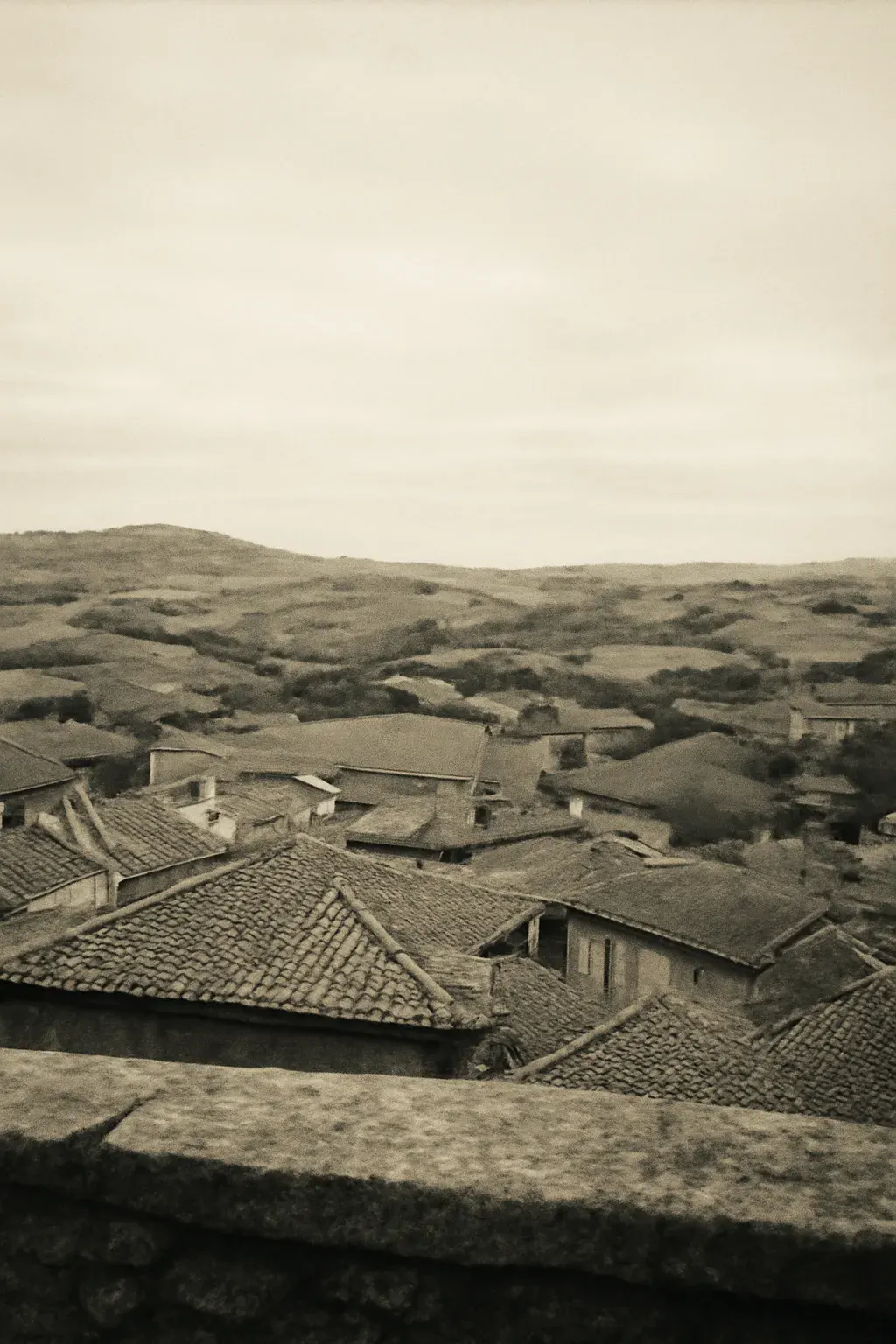 A duotone landscape view of the Loire hills near Saint-Chamond.