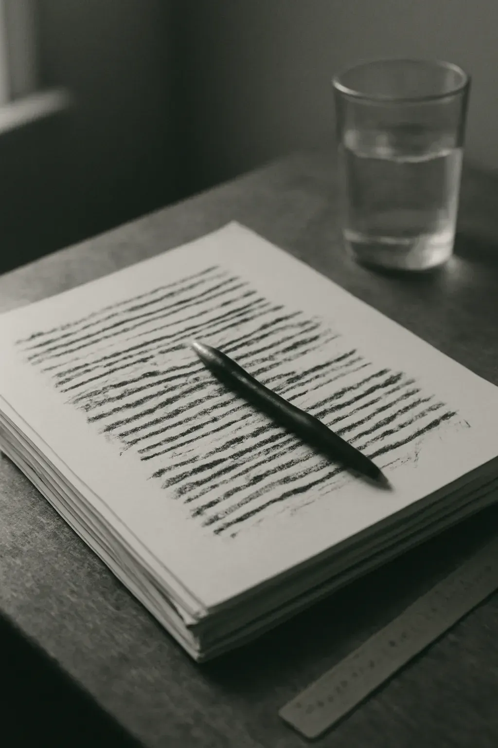 A duotone still of a work desk with proof pages and an editing pen.