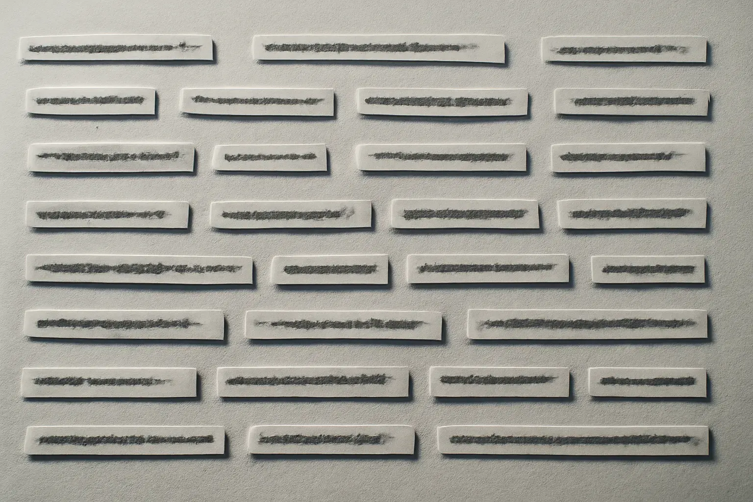 A duotone grid of cut proof strips, ink on paper.