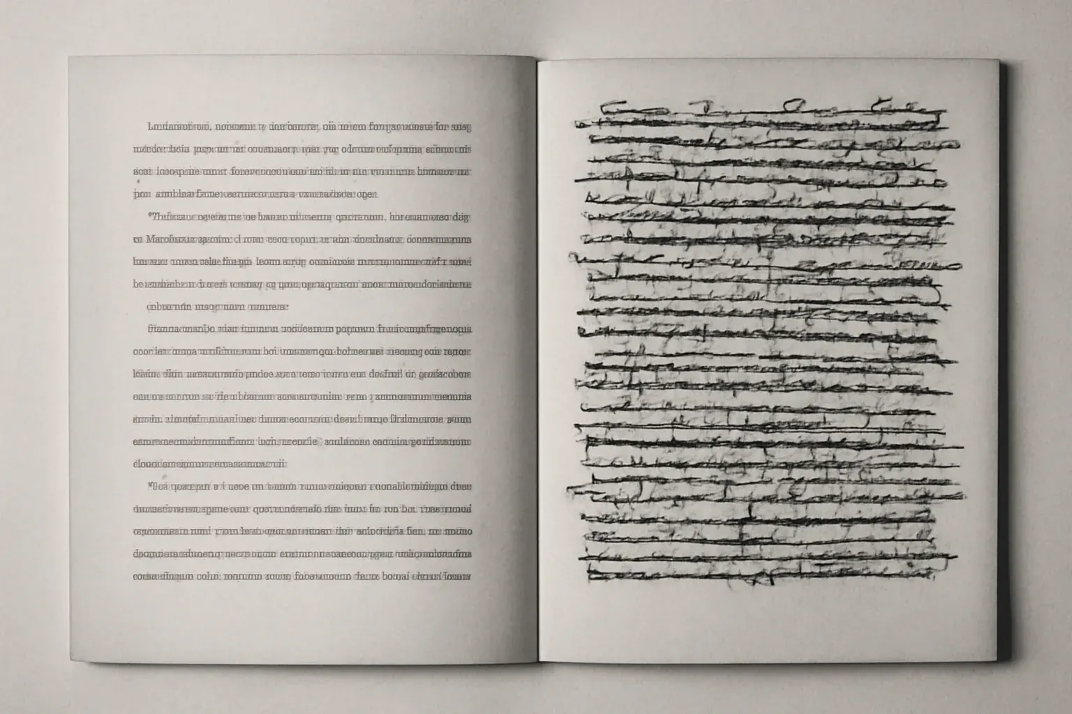 A duotone composition of two facing manuscript pages, one marked up in coral.