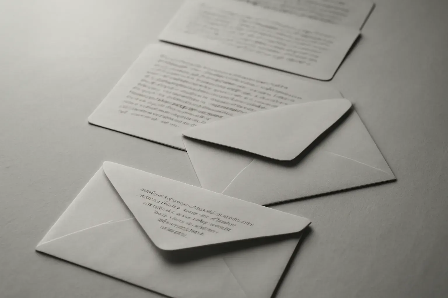A duotone stack of correspondence paper and envelopes, ink on paper.