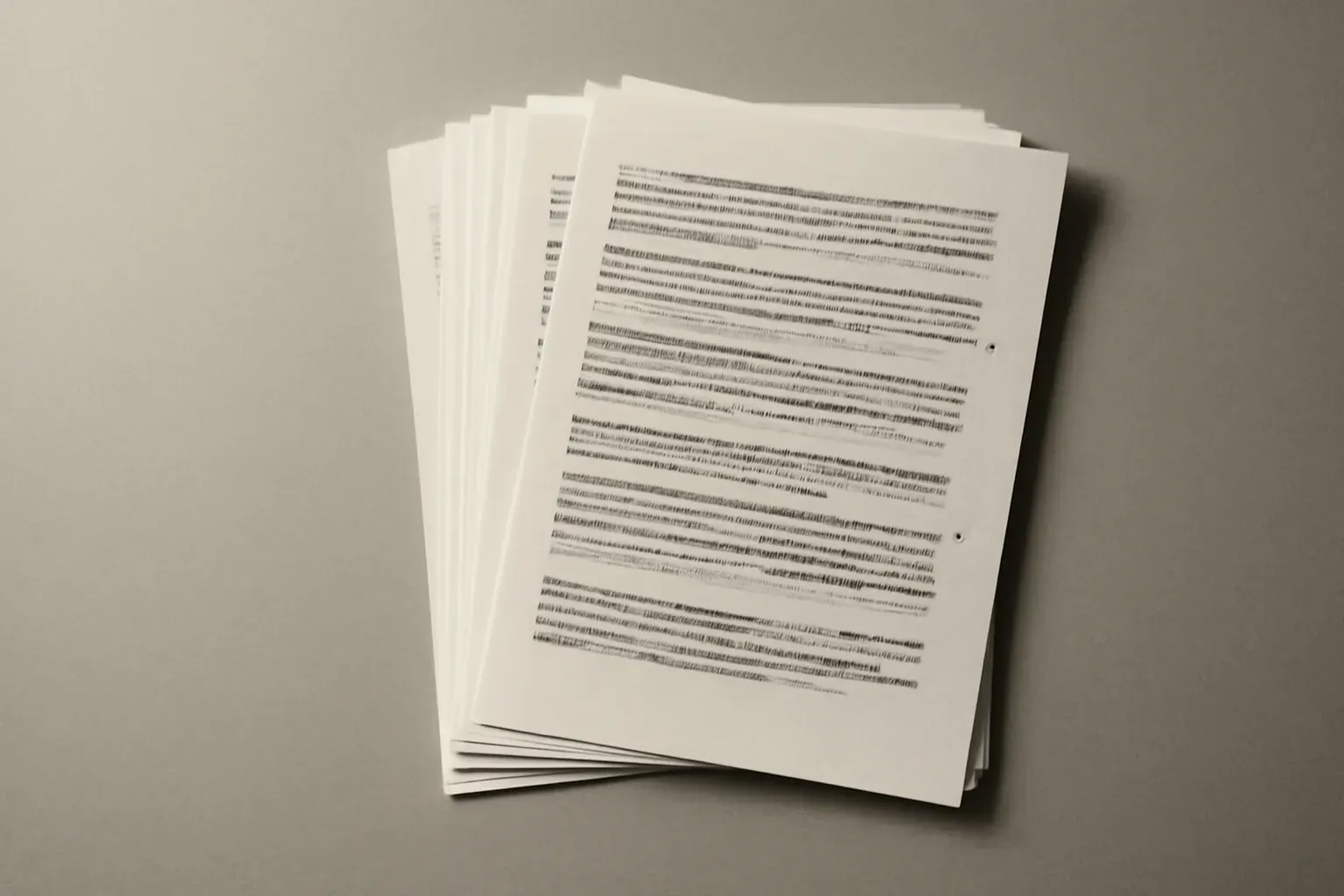 A duotone composition of stacked printed pages, ink on paper.